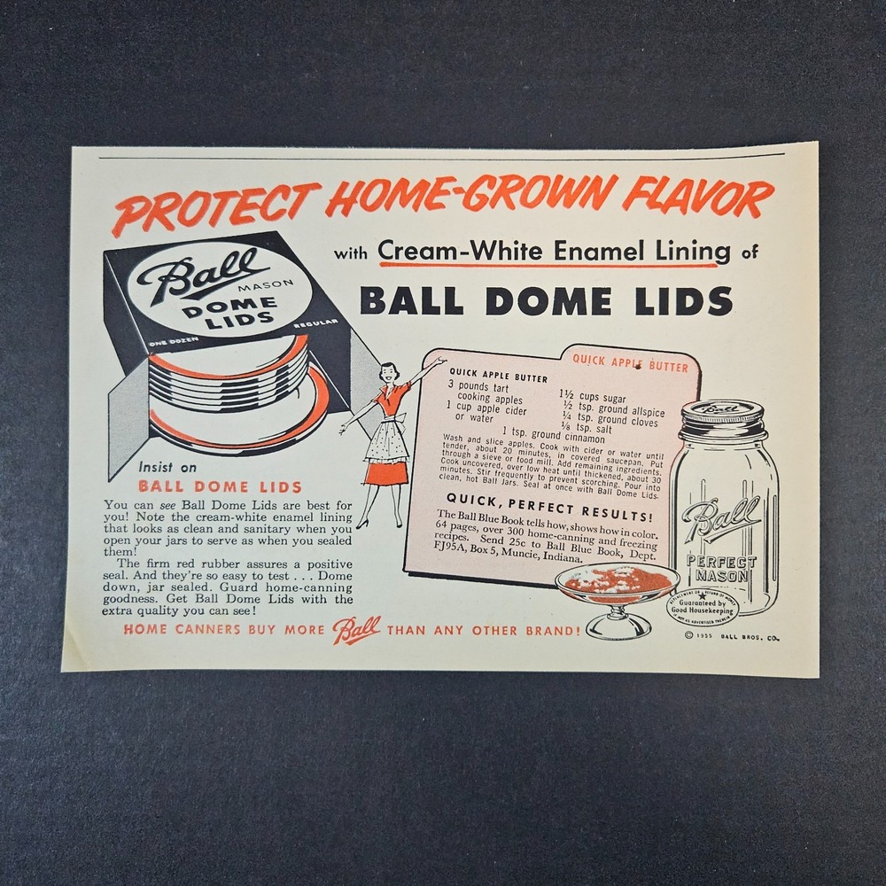 1955 Ball Dome Lids Enamel Lining Vintage Print Ad Quick Apple Butter Recipe